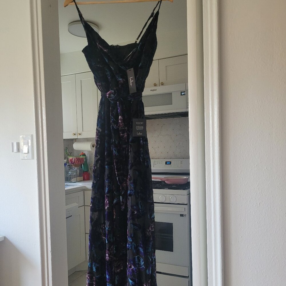 Dark Multi-Colored Velvet Floral Print Long Dress